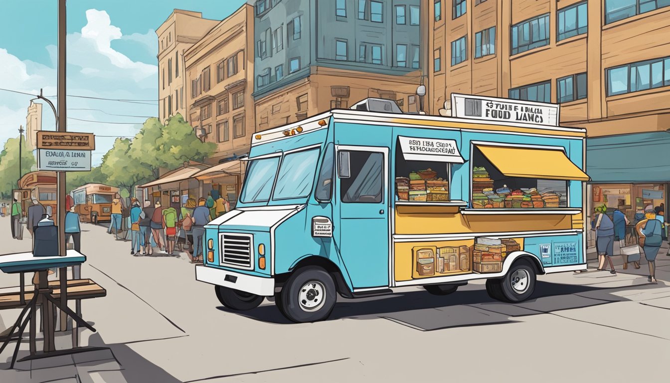 A food truck parked on a bustling street in South Dakota, with a sign displaying the state's food truck laws in the background