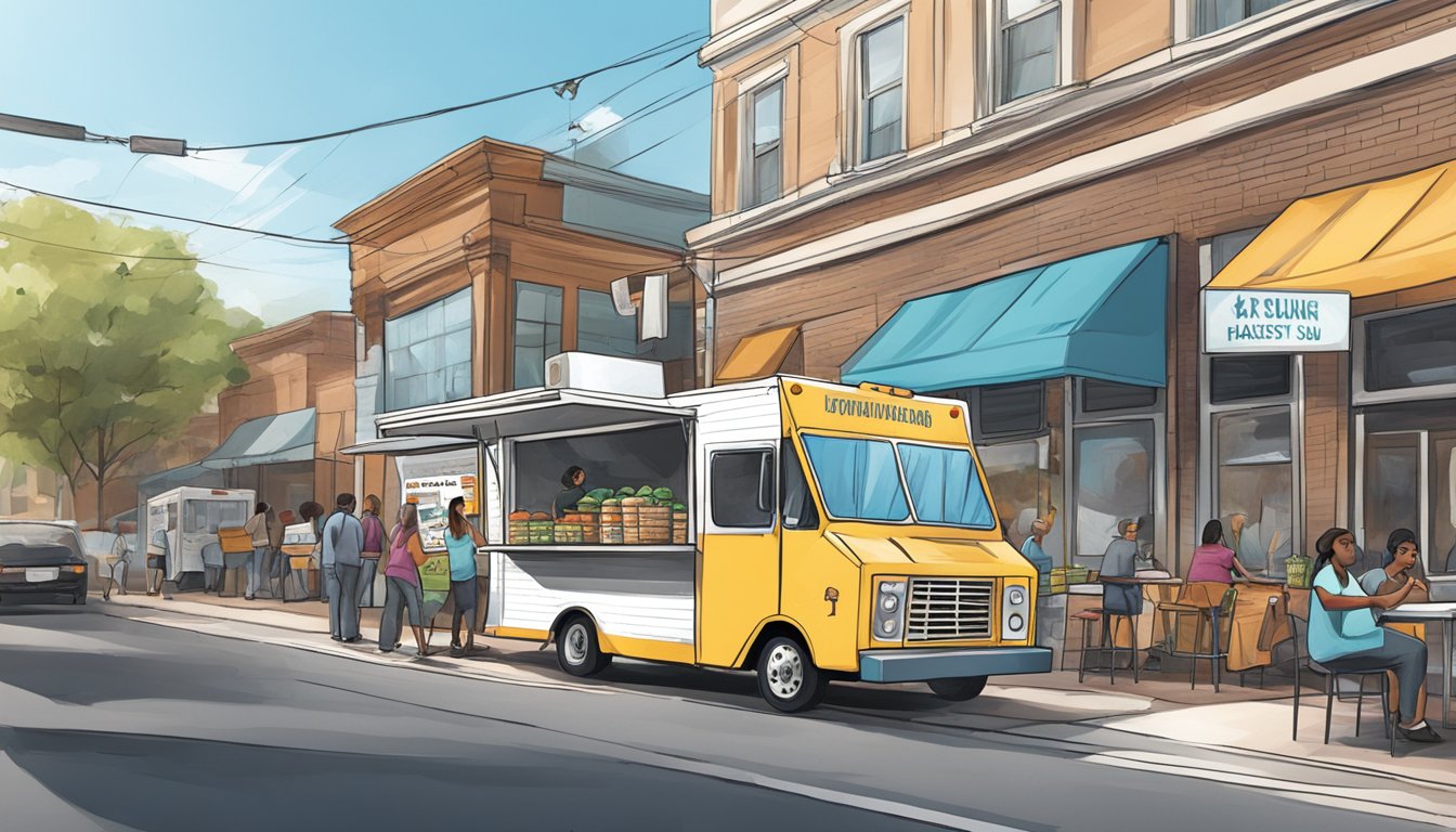 A food truck parked at a busy street corner in Montgomery, Alabama, with clear health and safety compliance signs displayed prominently