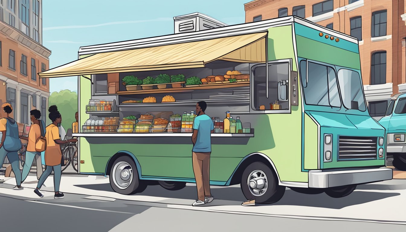 A food truck parked on a city street, surrounded by customers and complying with Montgomery, Alabama's operational guidelines