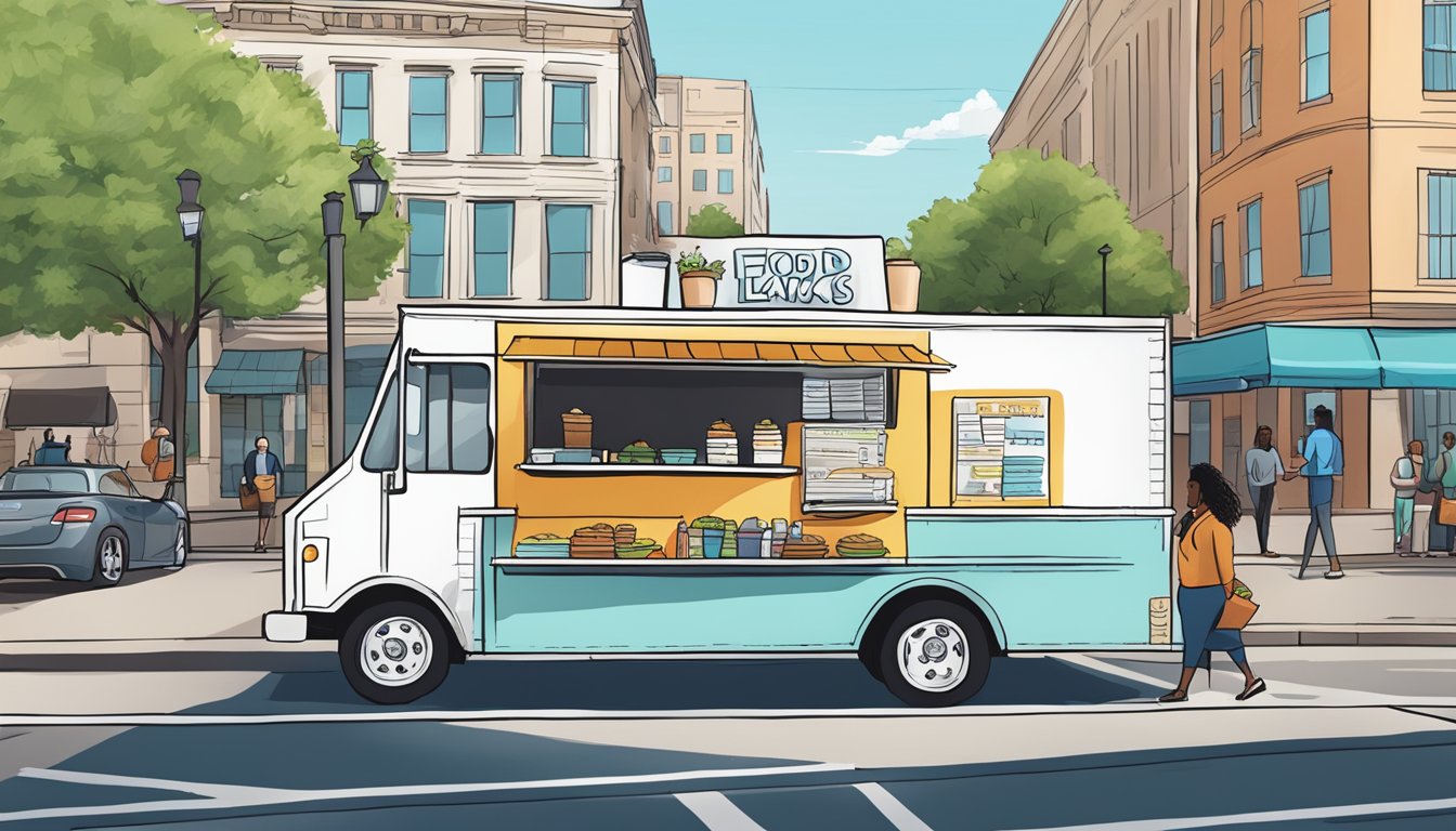 A food truck parked on a busy street in Montgomery, Alabama, with a sign displaying food truck laws and regulations