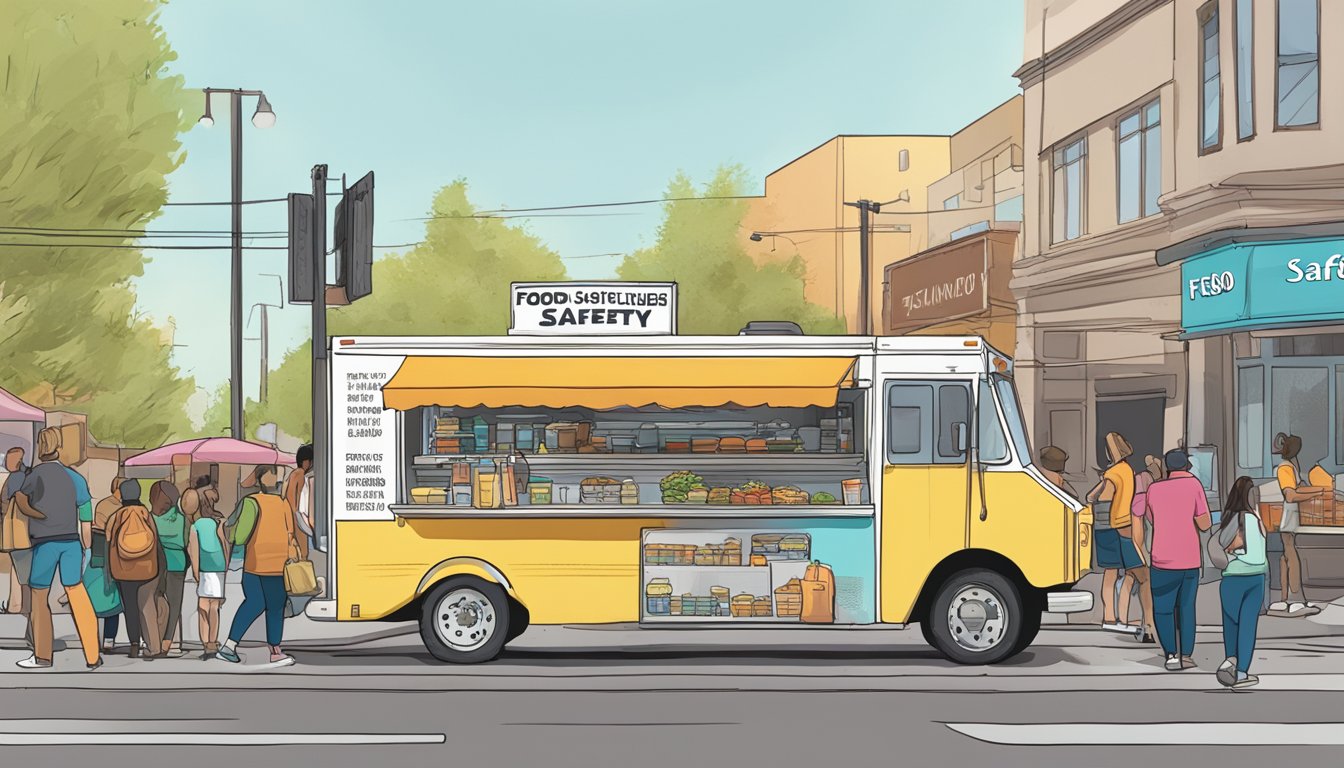 A food truck parked at a busy street corner in Reno, Nevada, with a sign displaying Food Safety and Inspection Guidelines. The truck is surrounded by customers waiting in line