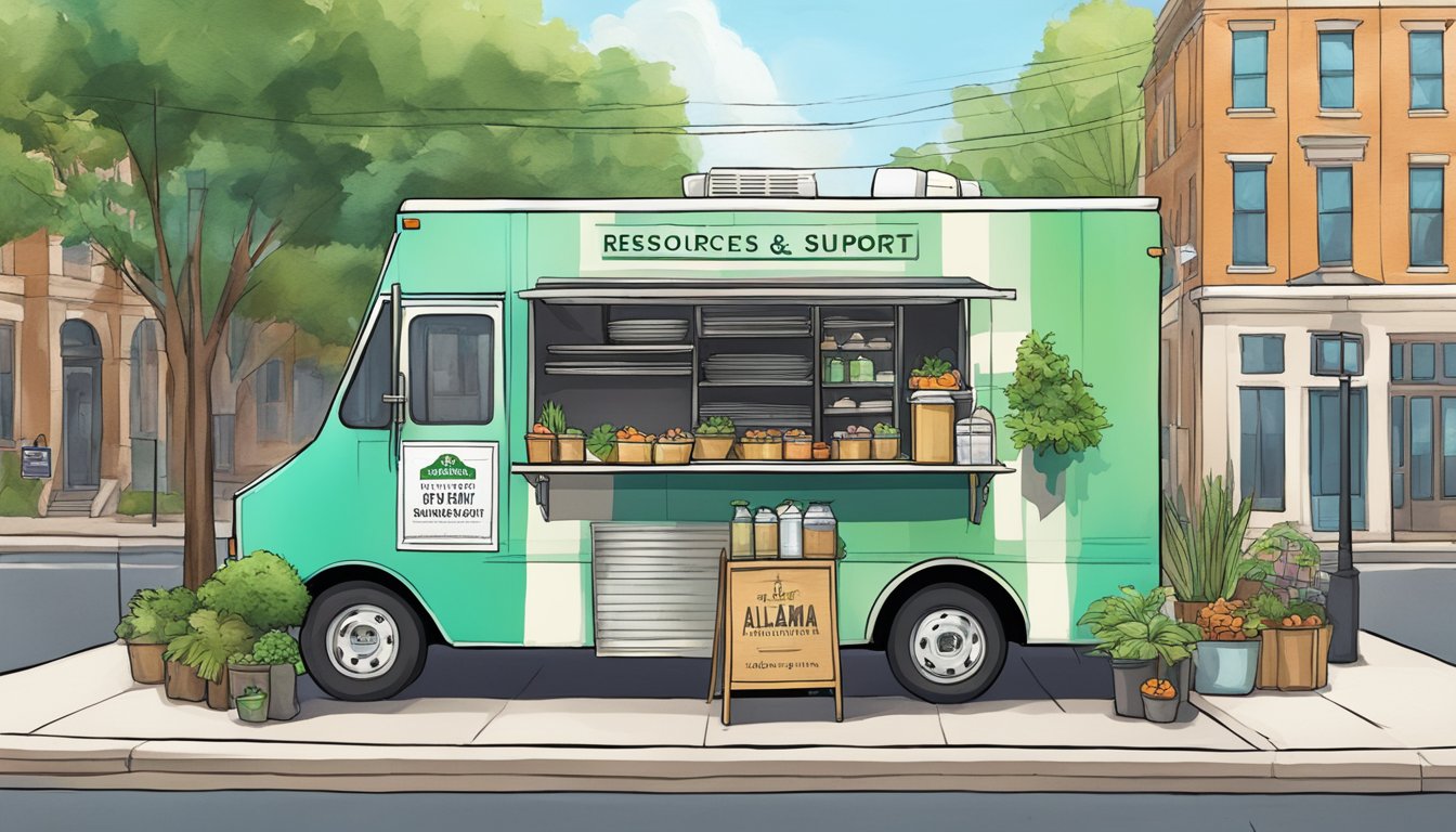 A food truck parked on a city street, surrounded by a mix of buildings and greenery, with a sign displaying "Resources and Support food truck laws montgomery alabama."