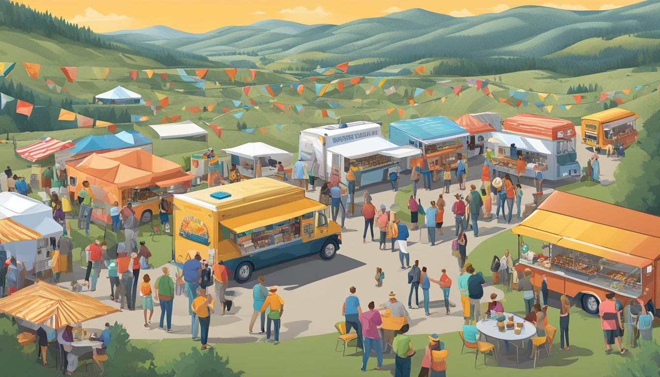 A bustling food truck festival with vendors networking and marketing, set against the backdrop of South Dakota's rolling hills