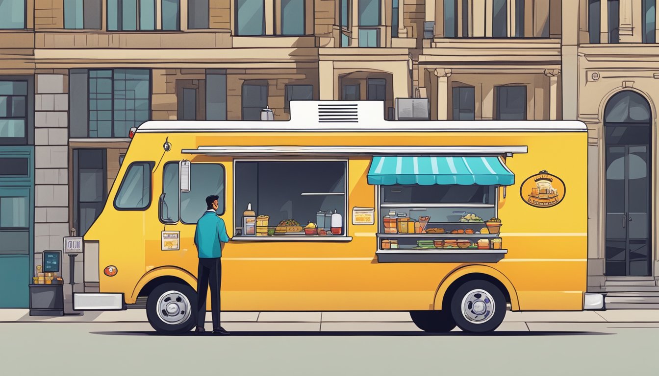 A food truck parked in front of a city building, with a stern-looking official writing a ticket