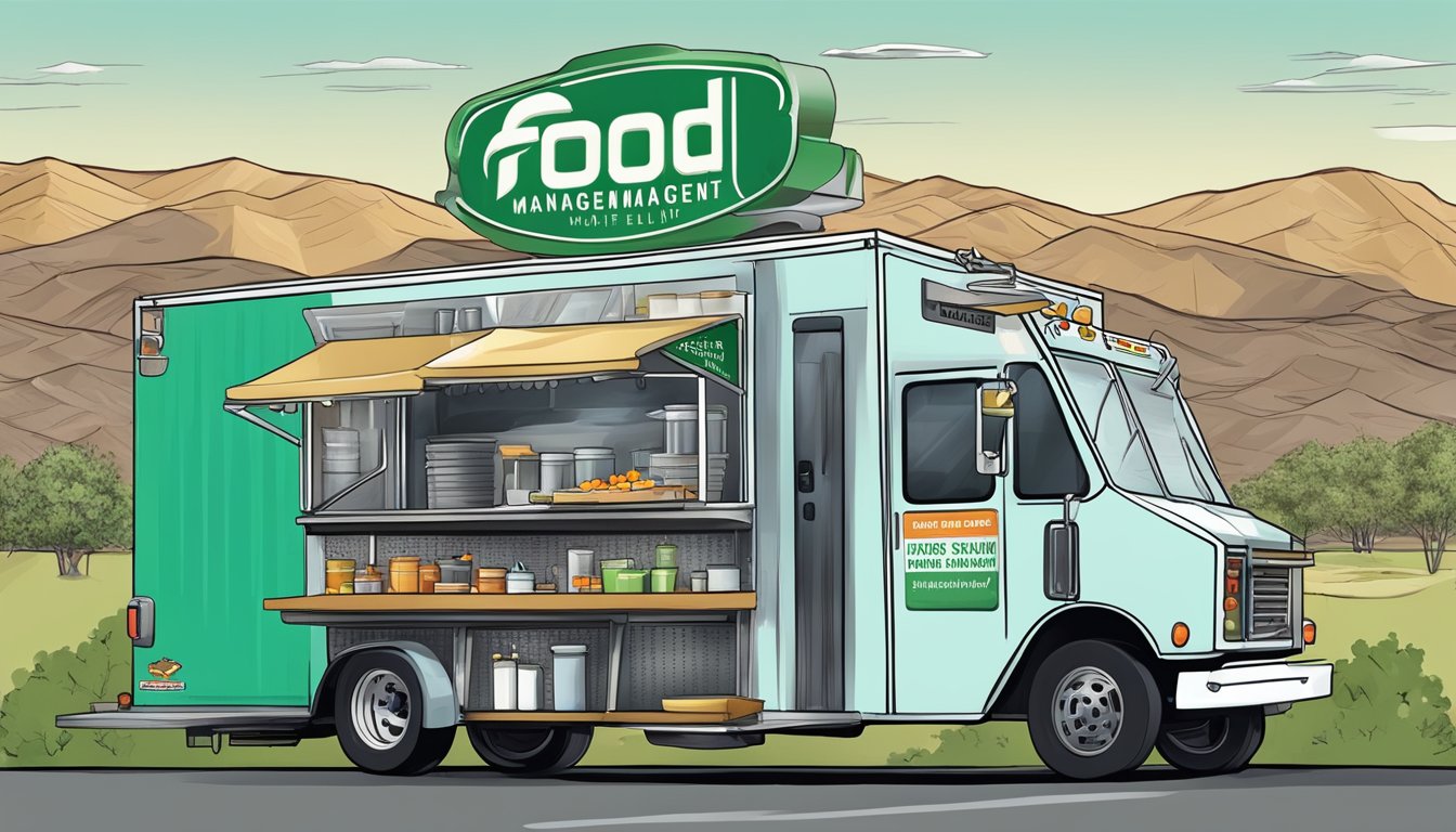 A food truck parked at a waste management facility in Reno, Nevada, with a focus on environmental health and compliance with local food truck laws