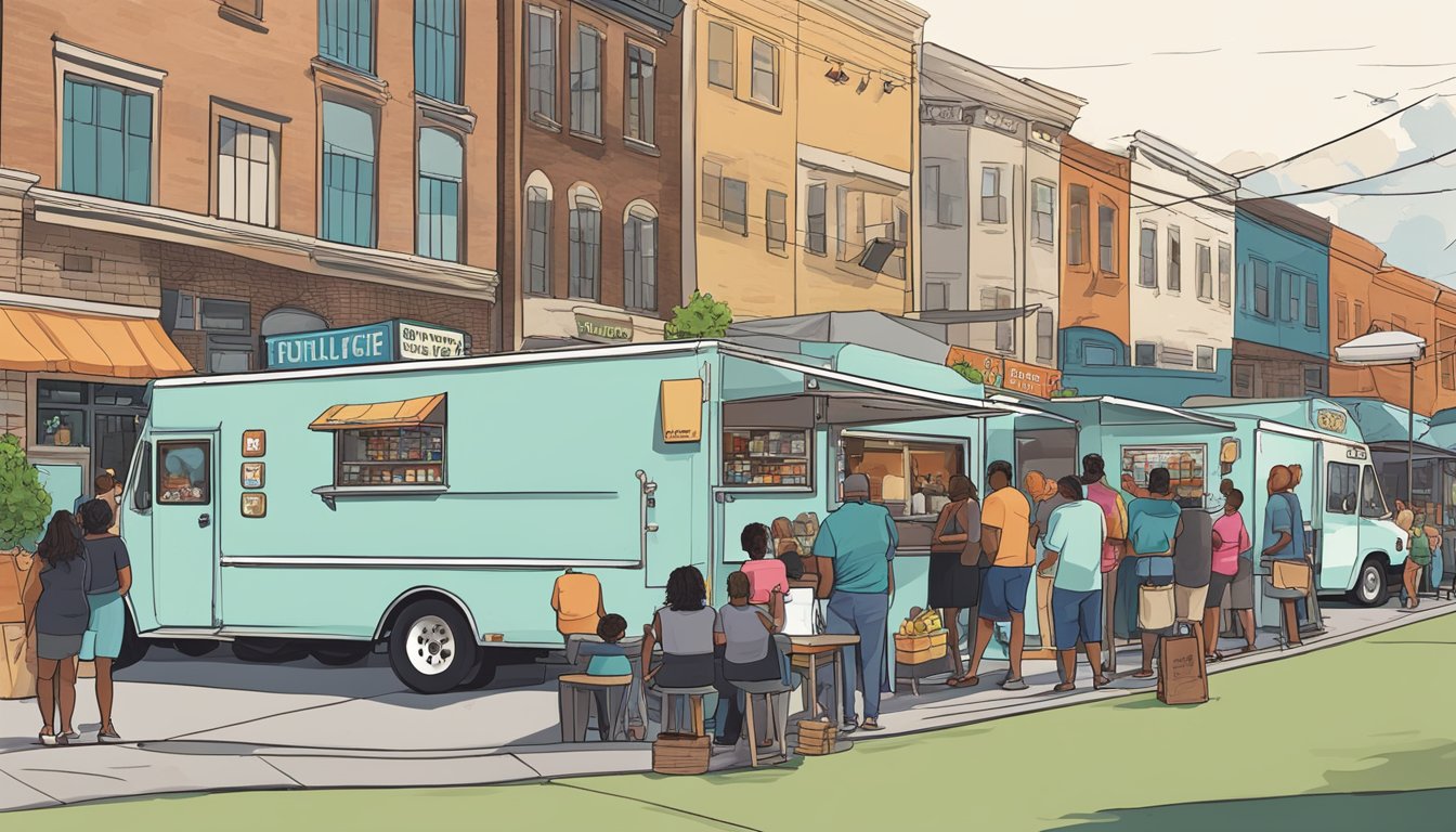 A line of food trucks parked along a bustling street in Chattanooga, Tennessee, with customers lined up to order and enjoy their meals