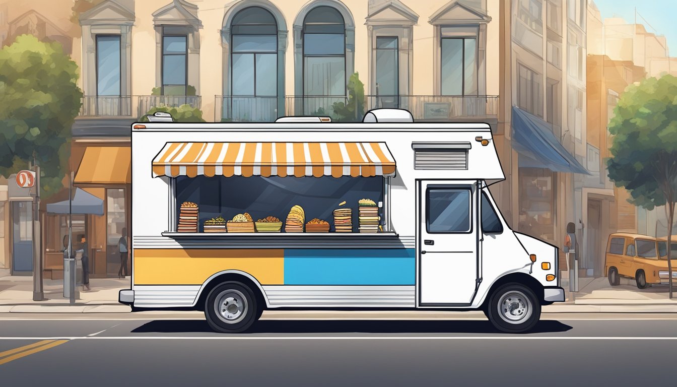 A food truck parked on a city street, with various permits and licenses displayed on the window. The California flag waving in the background