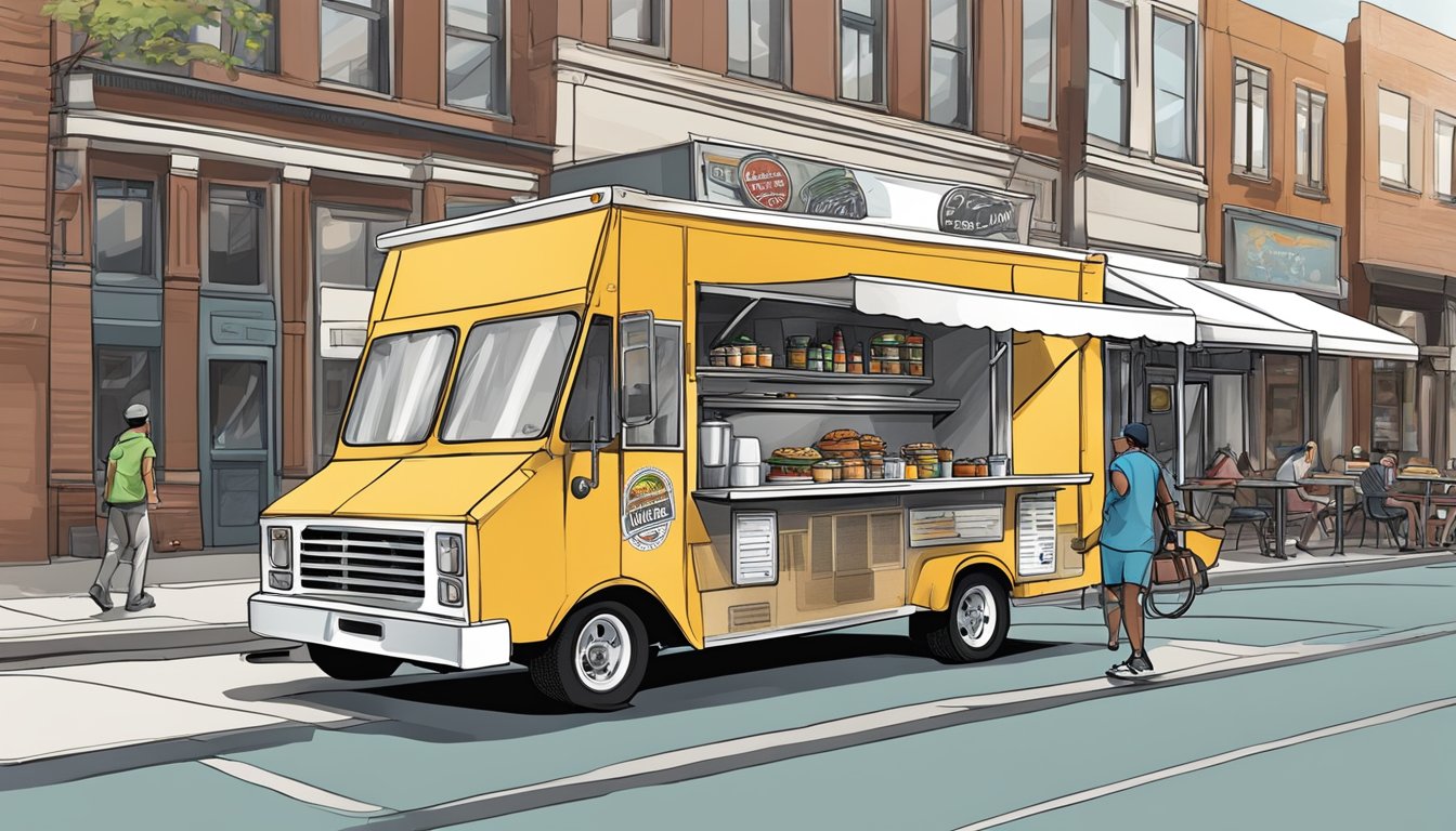 A food truck parked on a bustling street, surrounded by equipment and signage. It meets all vehicle and equipment standards required by Chattanooga, Tennessee laws