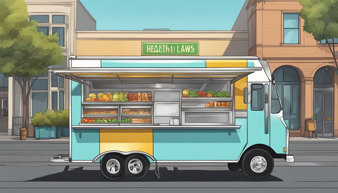 A food truck parked on a street in Stockton, California, with clear signage indicating compliance with health and safety regulations and local food truck laws