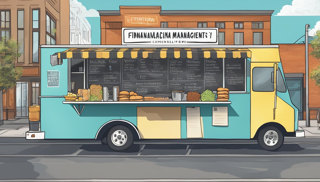 A food truck parked on a bustling street in Chattanooga, Tennessee, with a sign displaying "Financial Management" and a checklist of local food truck laws