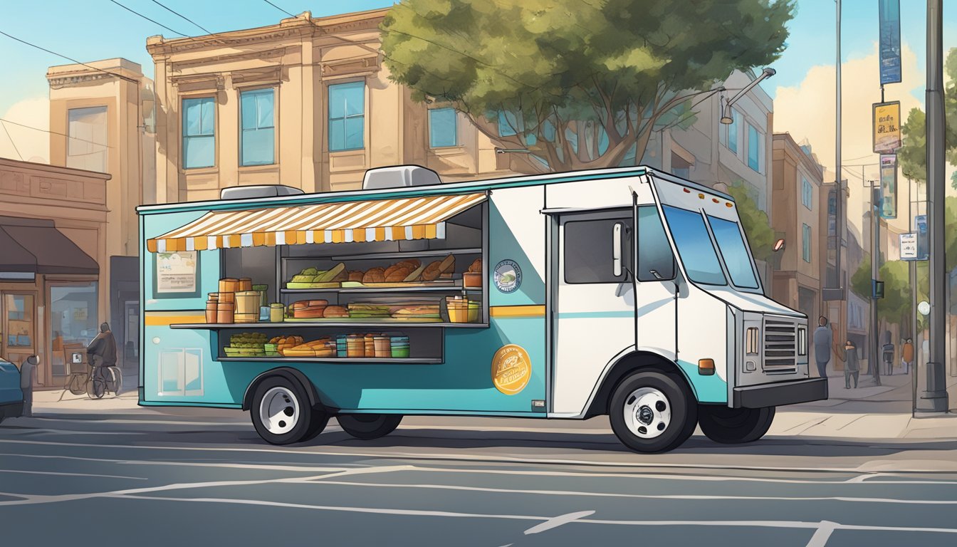 A food truck parked on a city street, surrounded by signs indicating zoning and location restrictions in Stockton, California