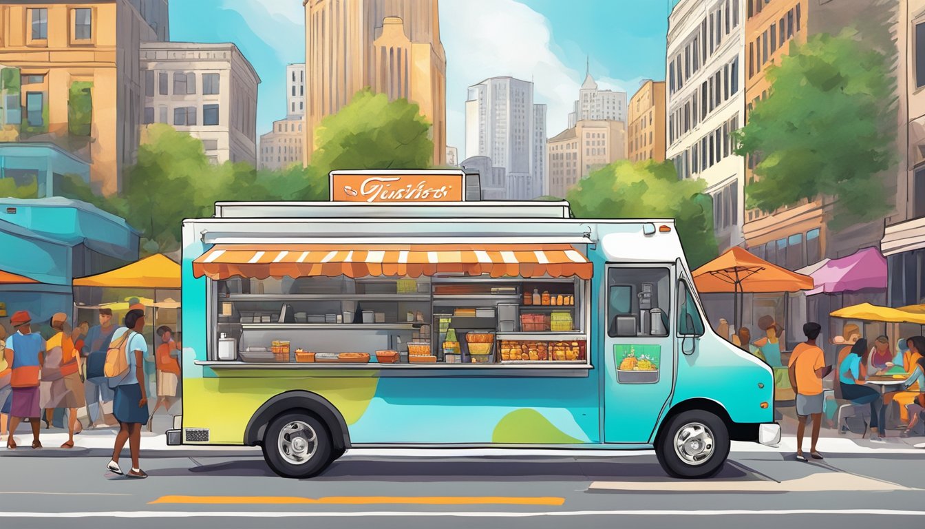 A colorful food truck parked on a bustling Austin street, surrounded by eager customers and a vibrant cityscape backdrop