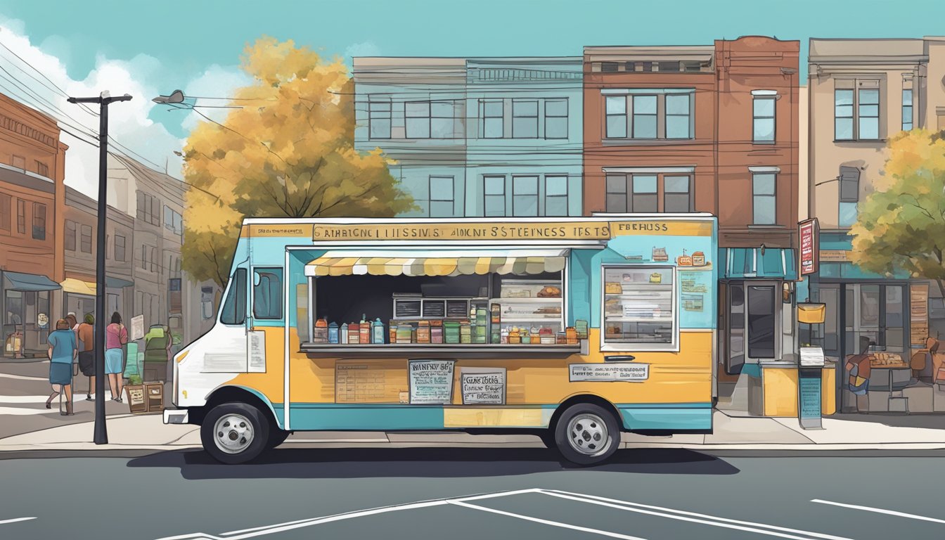 A food truck parked on a bustling street in Chattanooga, Tennessee, with a sign displaying its supplemental licenses and permissions prominently