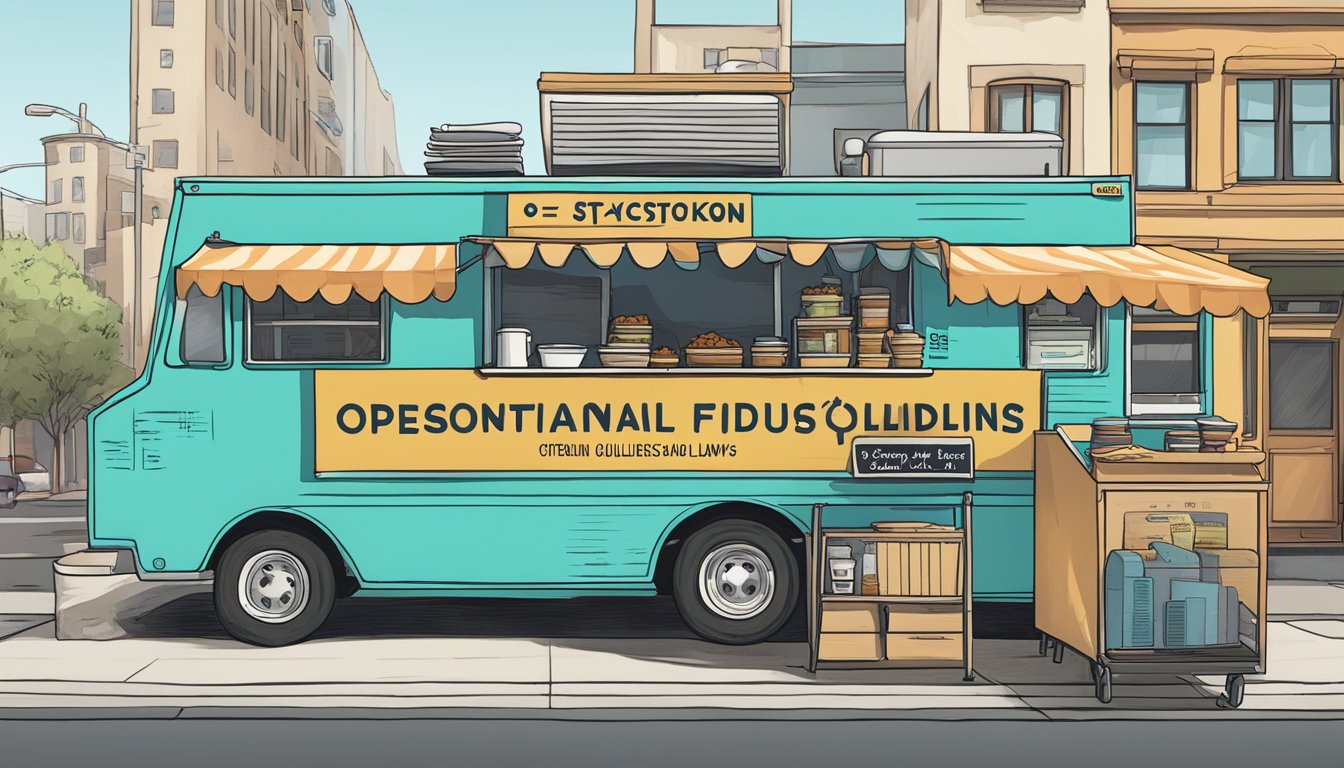 A food truck parked on a city street, with a sign displaying "Operational Guidelines" and "Stockton, California" laws