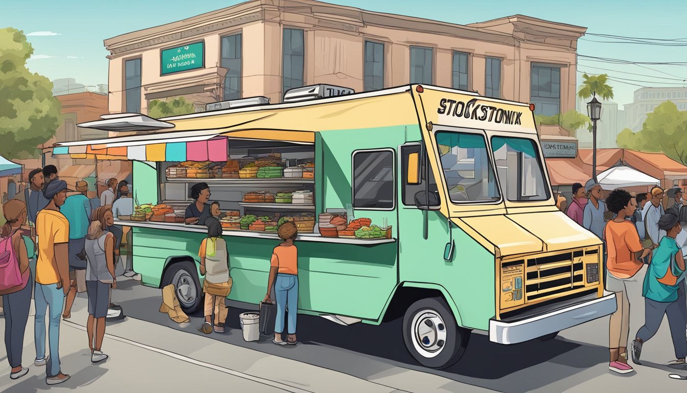 A food truck parked on a bustling street, surrounded by diverse customers and vendors, with a sign displaying "Stockton, California Food Truck Laws" prominently