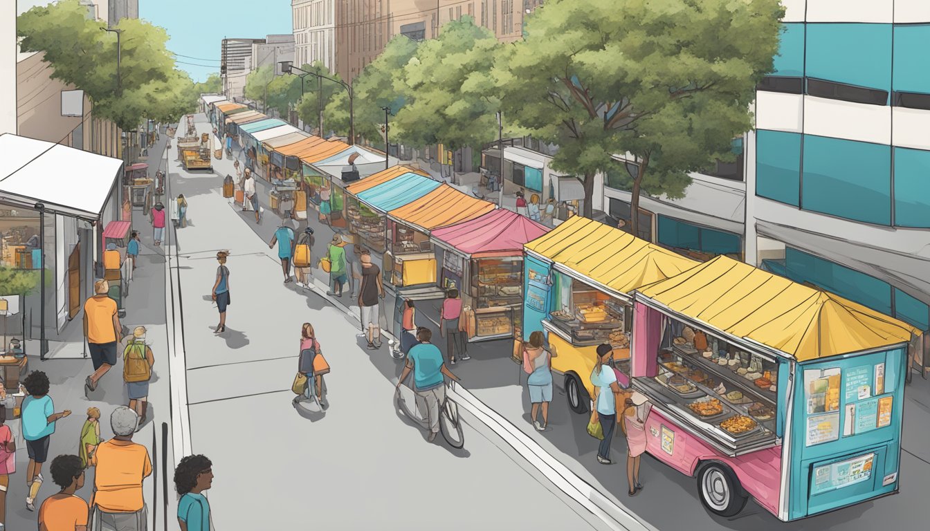 A line of food trucks parked on a bustling street in Austin, Texas, with signage displaying operational guidelines and food truck laws