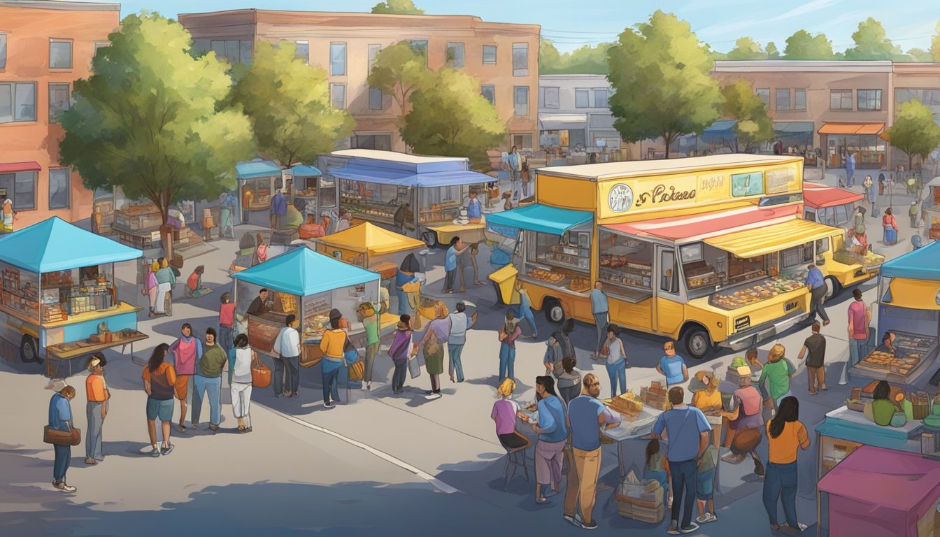 A bustling food truck park in Stockton, California, with diverse vendors and a lively crowd engaging with local community members