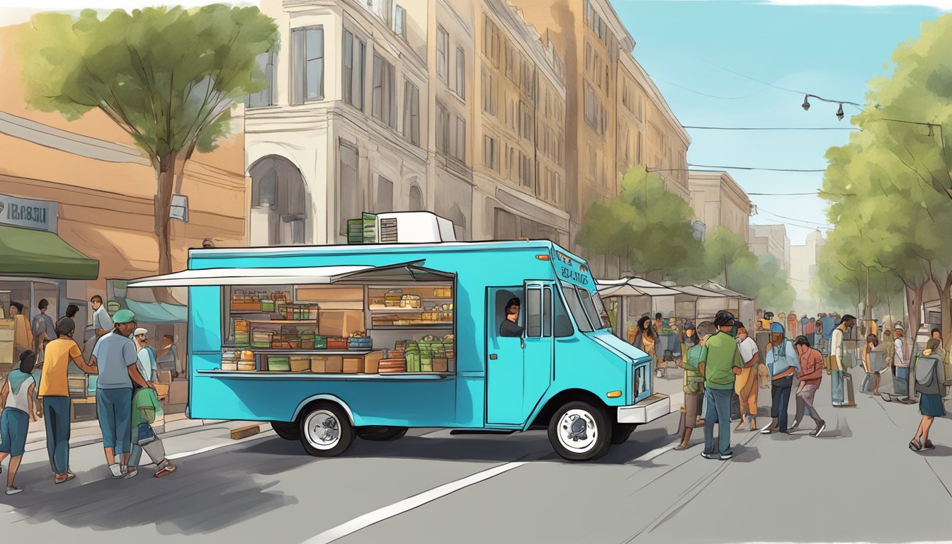 A food truck parked on a city street, surrounded by a mix of pedestrians and vehicles, with a sign displaying "Resources and Support food truck laws stockton california."