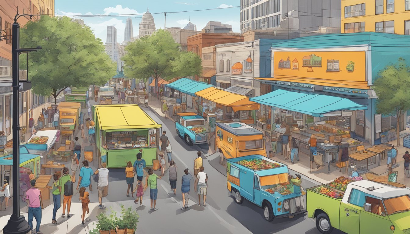 A bustling street in Austin, Texas with colorful food trucks lined up, each with its own unique design and menu, surrounded by signs displaying zoning laws and regulations