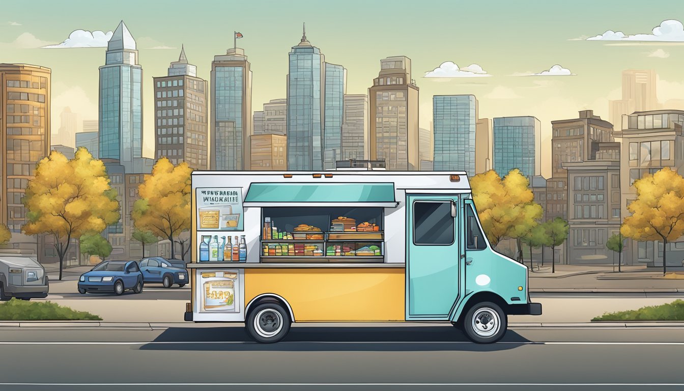 A food truck parked near a recycling bin, with a sign displaying environmental policies and responsibilities. A city skyline in the background