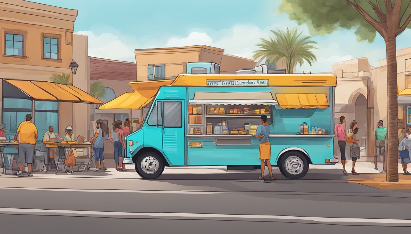 A food truck parked on a bustling street in Chandler, Arizona, with colorful signage and a line of customers waiting to order