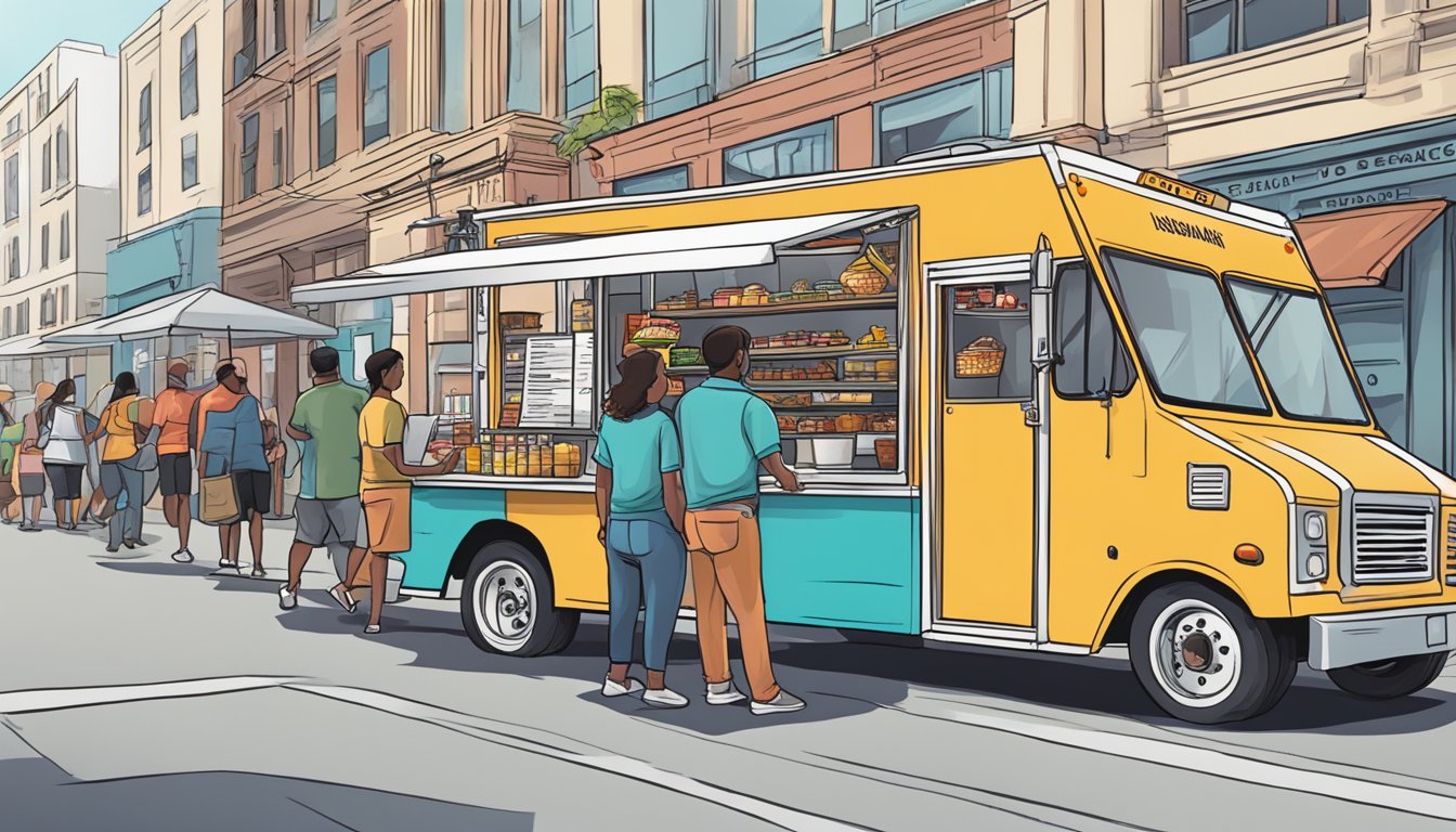 A food truck parked on a bustling street in Austin, Texas, with a sign displaying insurance and liability information prominently displayed