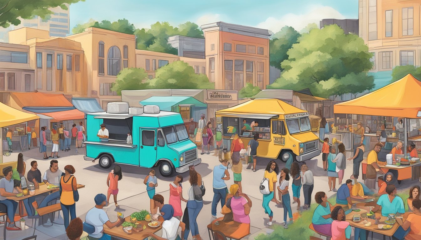 A bustling food truck park in Austin, Texas, with colorful trucks, outdoor seating, and a lively crowd engaging with vendors