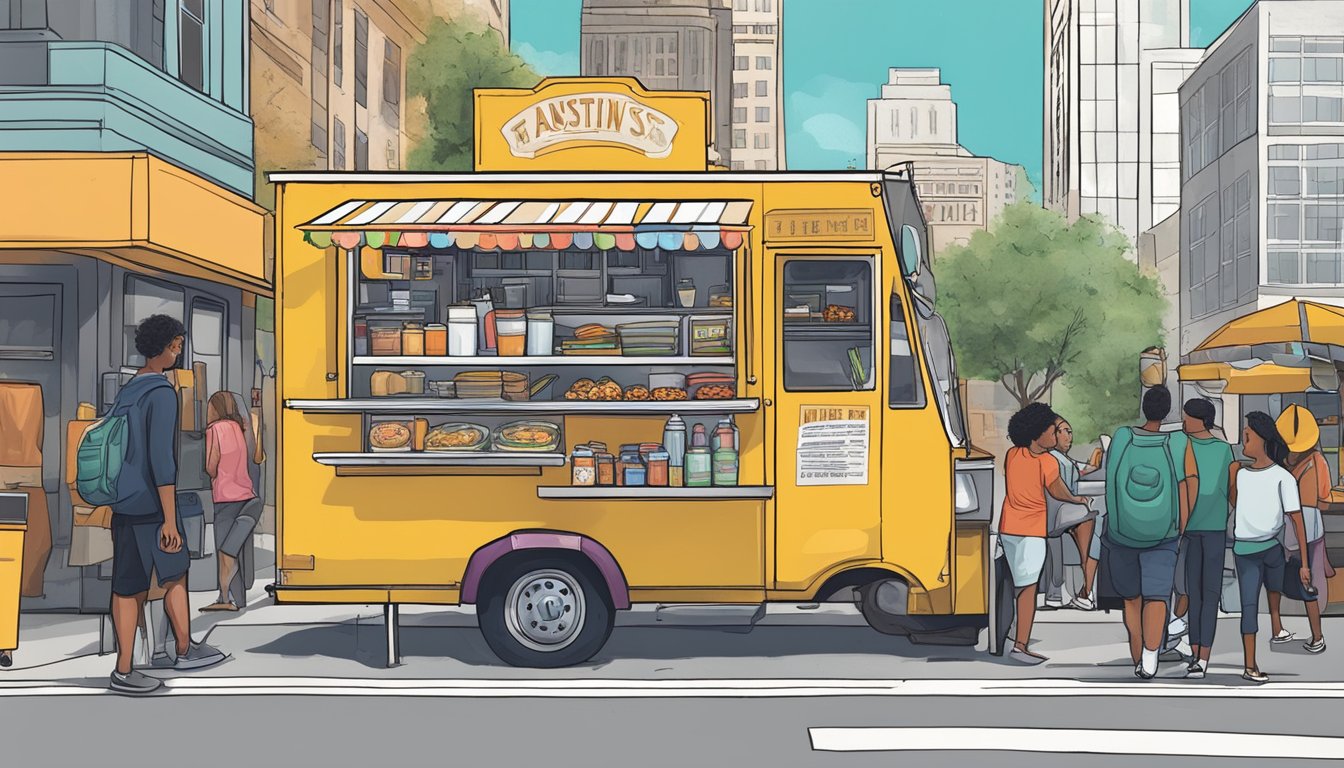 A food truck parked on a bustling street in Austin, Texas, with a sign displaying the city's food truck laws and regulations prominently displayed