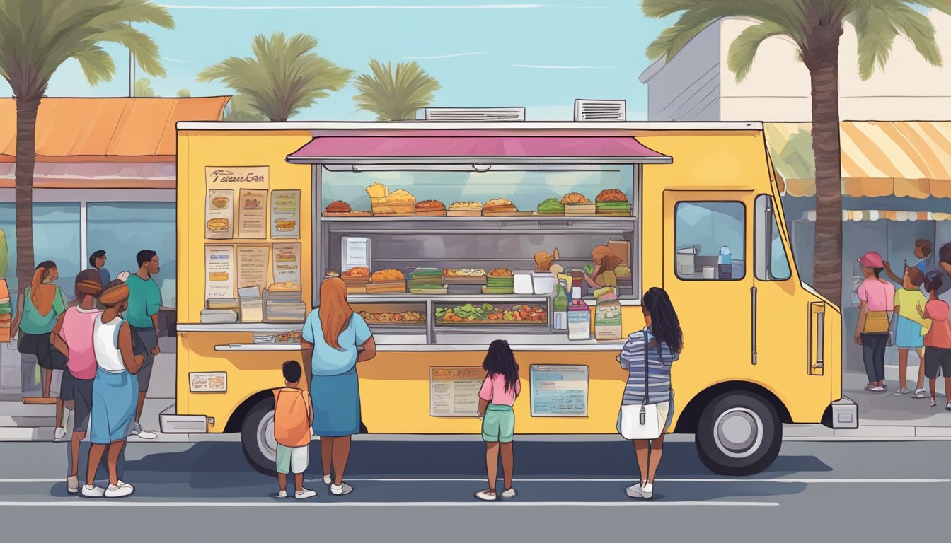 A food truck parked on a bustling street in Irvine, California, with a line of customers waiting to order. The truck is adorned with colorful signage and a menu board