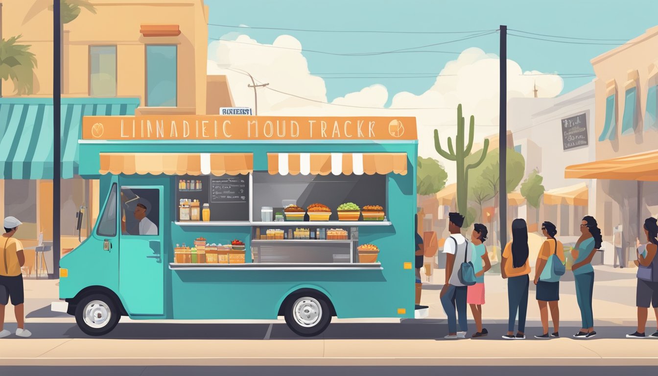 A food truck parked on a bustling street in Chandler, Arizona, with a line of customers waiting to order. Signs display prices and menu items