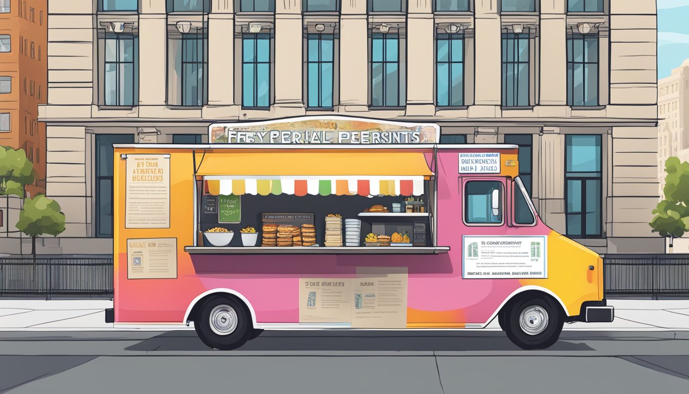 A food truck parked outside city hall with permits and licenses displayed