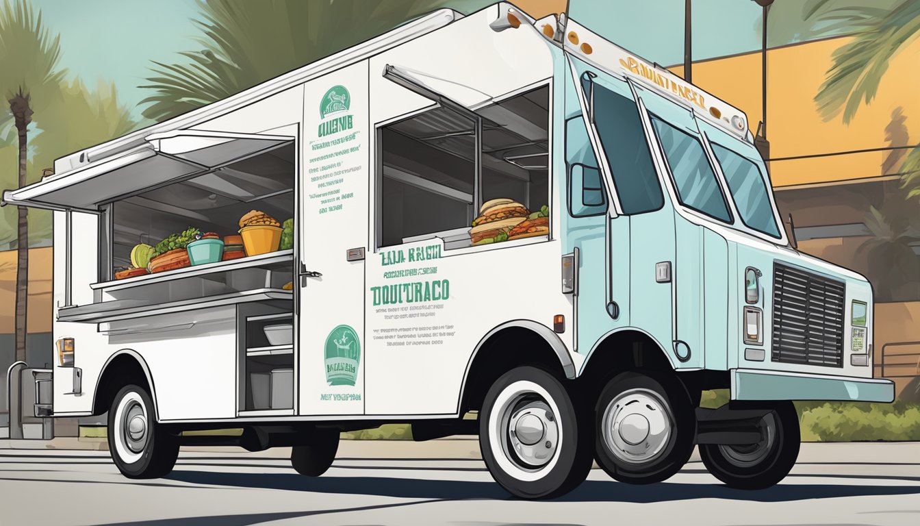 A food truck parked in Irvine, California, with visible health and safety regulations posted and adhered to