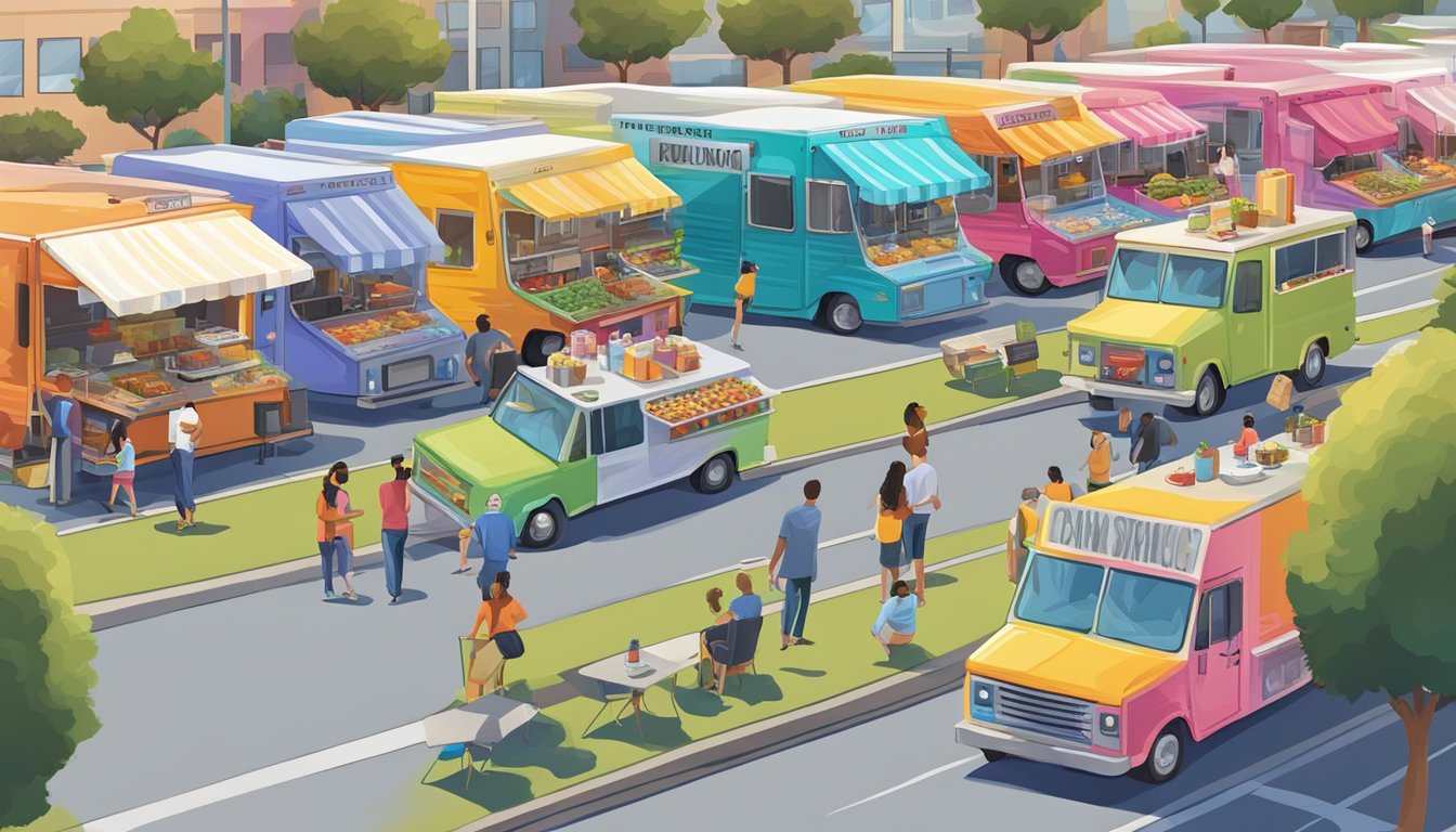 A row of colorful food trucks parked neatly along a bustling street in Irvine, California, with a clear sign displaying the city's food truck laws