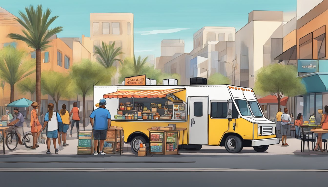 A food truck parked on a bustling street, surrounded by customers and complying with Chandler, Arizona's mobile vendor laws