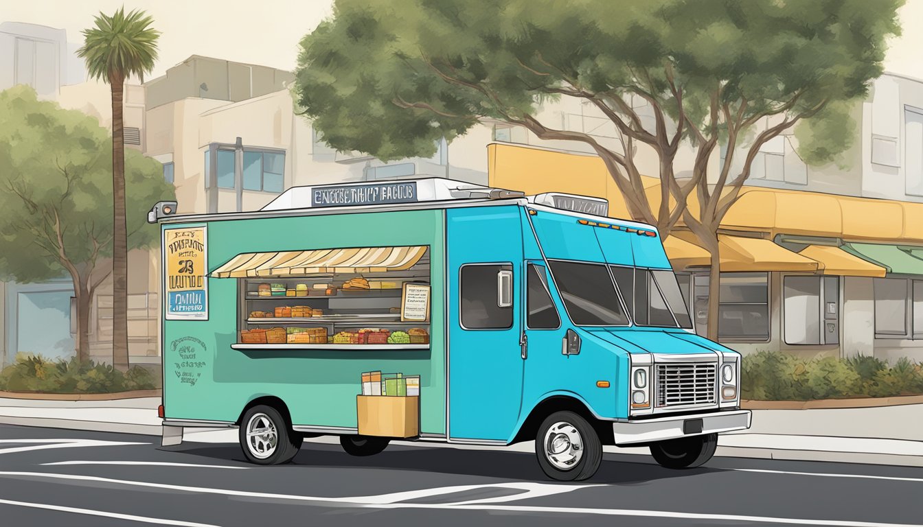 A food truck parked in Irvine, California, displaying required permits and signage according to local laws