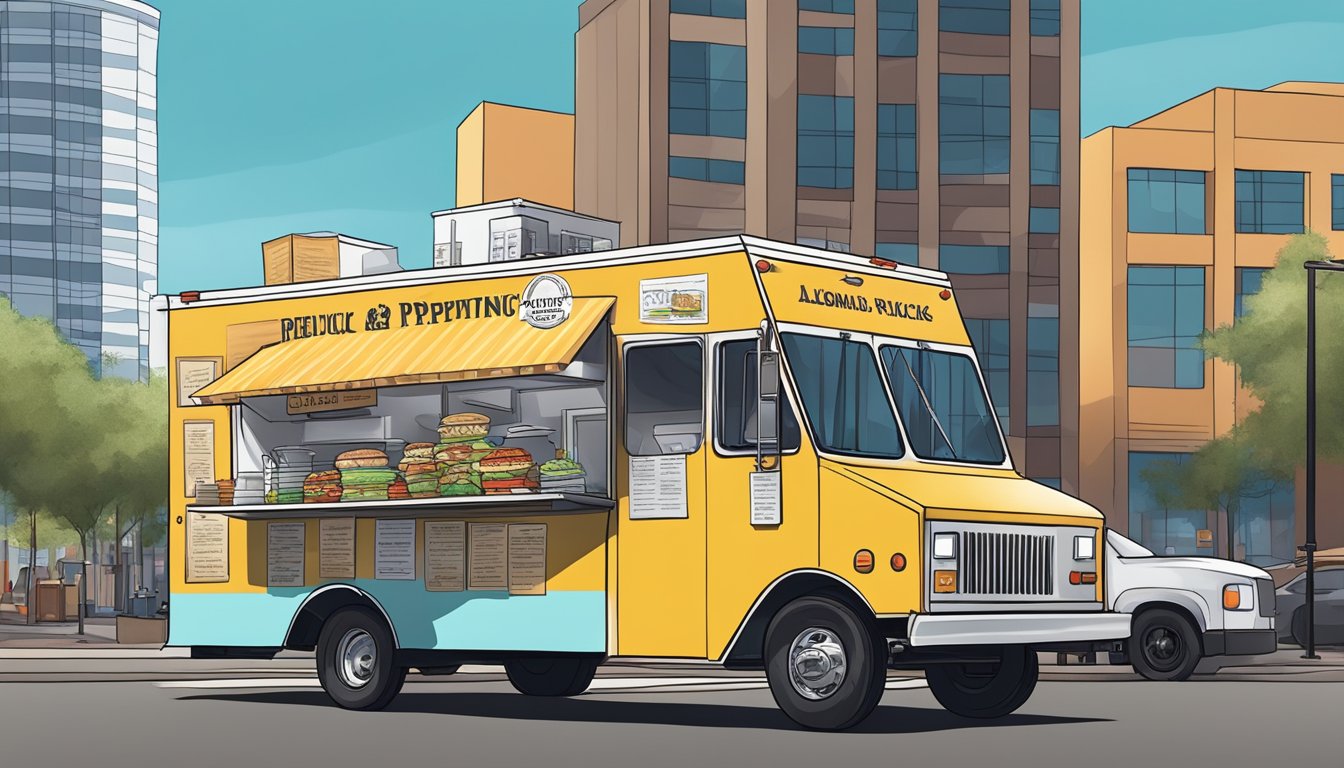 A food truck parked on a bustling street in Chandler, Arizona, with a backdrop of city buildings and a sign displaying legal and intellectual property regulations