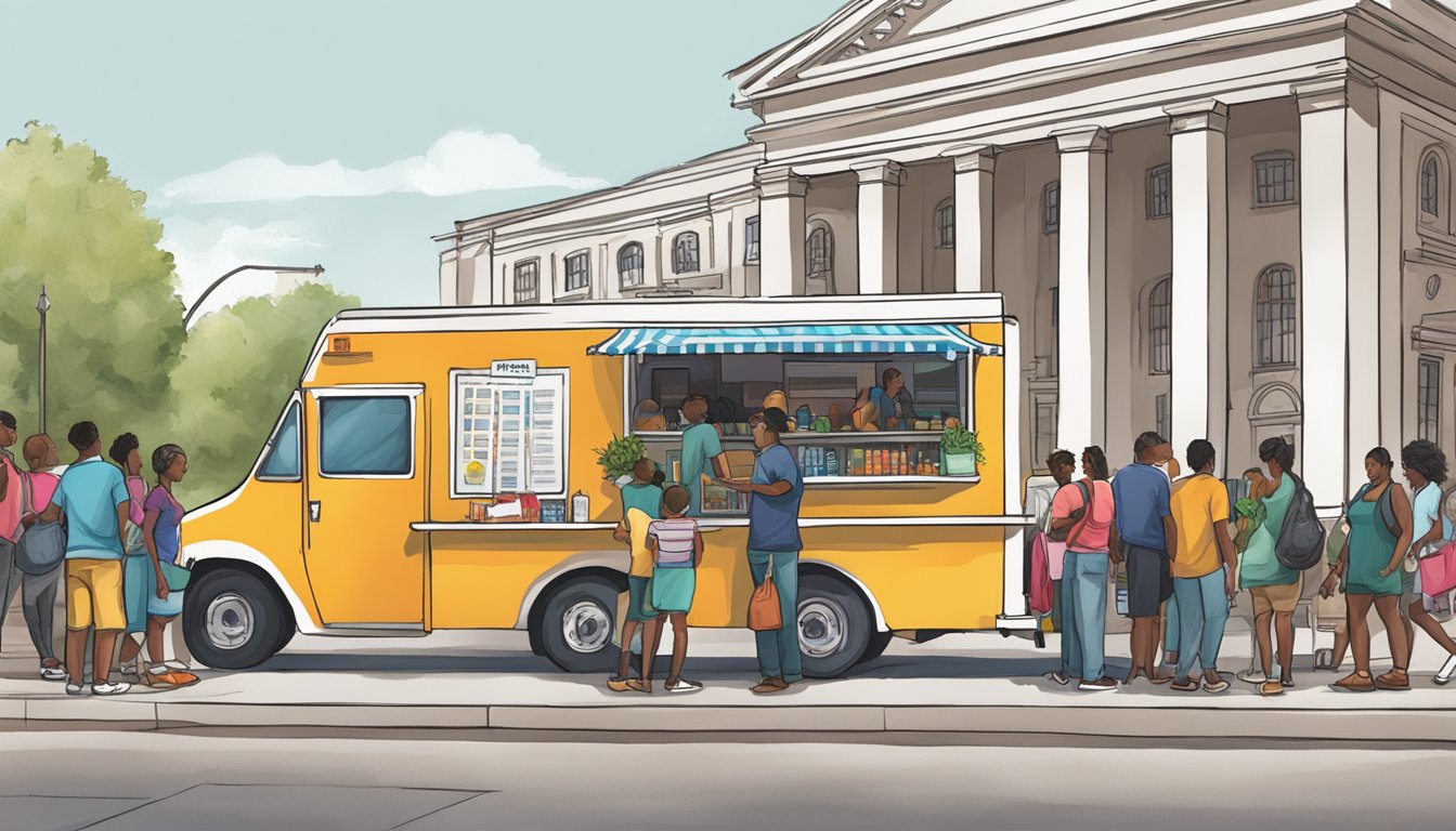 A food truck parked outside a city hall, with a line of people waiting to register their business. A sign displays "Food Truck Laws - Brownsville, Texas"