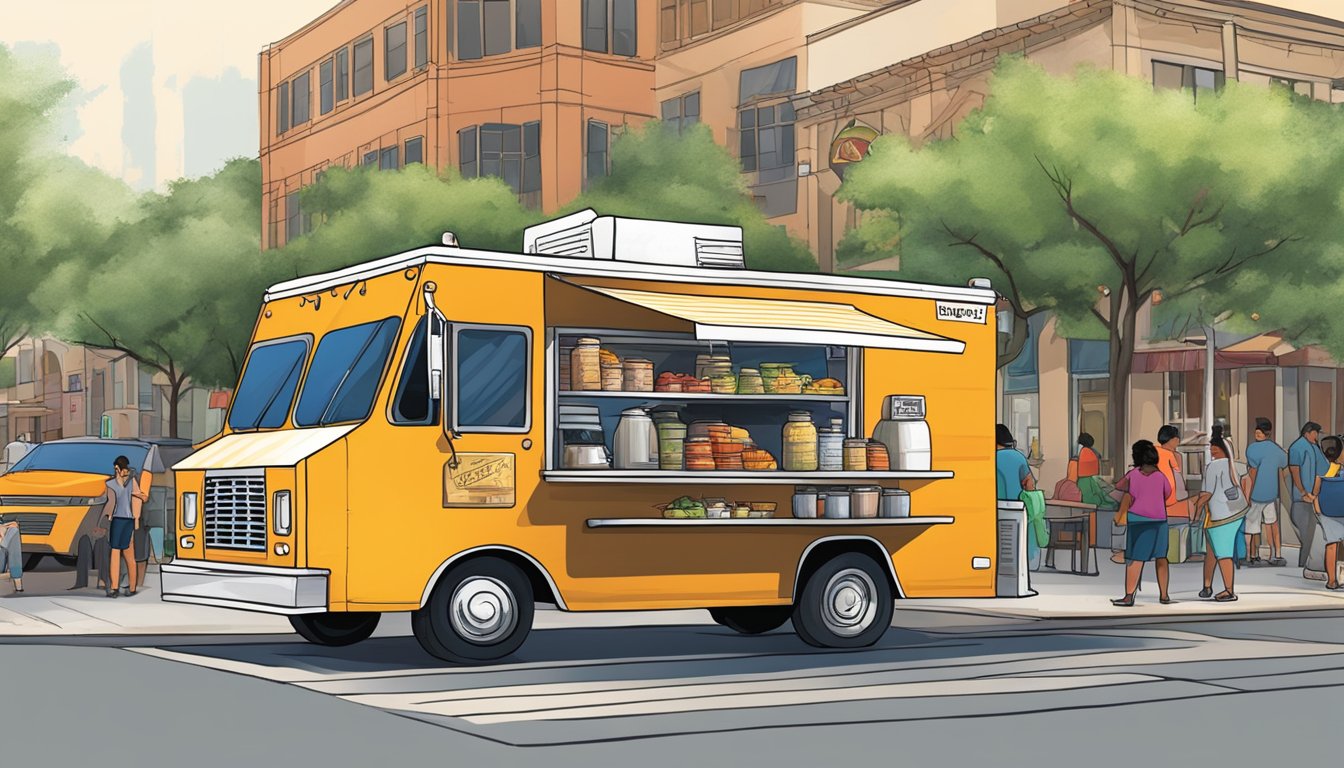 A food truck parked on a bustling street in Brownsville, Texas, with a display of operating permits and licenses prominently displayed