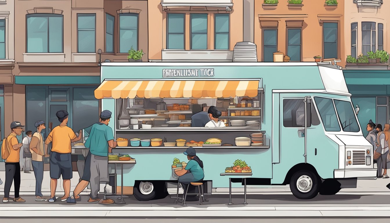 A food truck parked on a busy street, with a chef inside preparing dishes and a line of customers waiting to order