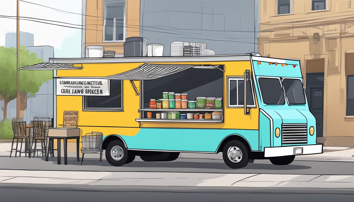 A food truck parked in compliance with local laws in Brownsville, Texas, with clear signage indicating its location