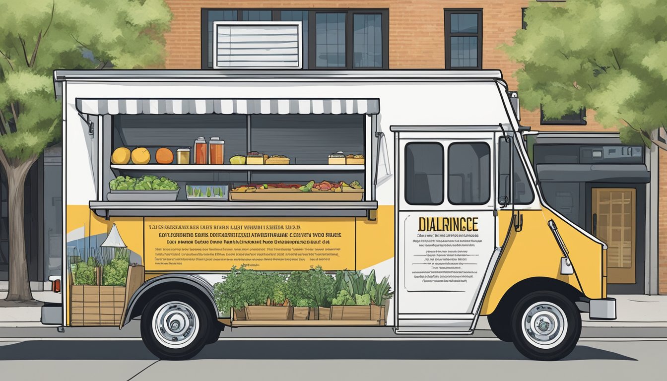 A food truck parked in downtown Dallas, Texas, displaying a visible insurance and liability notice in compliance with local laws