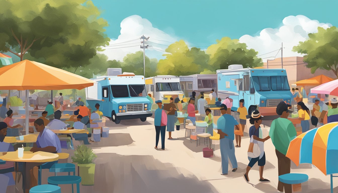 A bustling food truck park in Brownsville, Texas, with vendors serving up delicious meals under the shade of colorful umbrellas. The city's food truck laws are posted on a nearby bulletin board