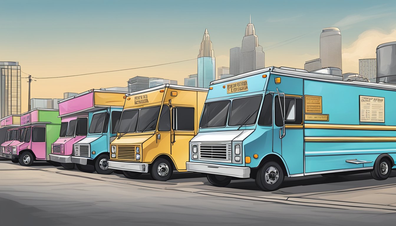 A row of food trucks parked in a designated area, following operational guidelines and laws in Dallas, Texas