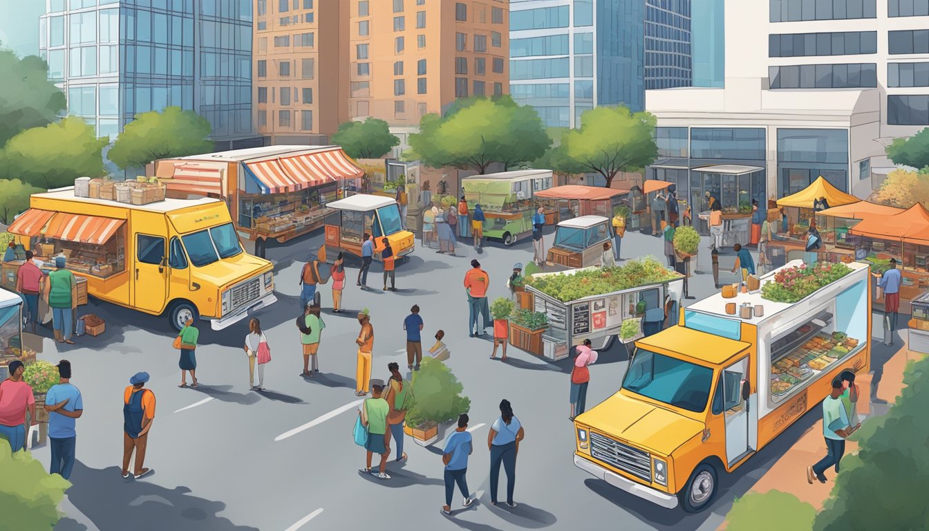 A bustling food truck park in Dallas, Texas, with colorful trucks lining the street, customers waiting in line, and city officials discussing economic considerations and growth