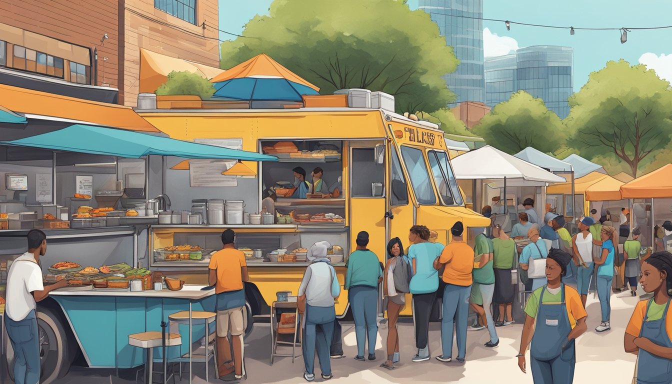 A bustling food truck park in Fort Worth, Texas, with vendors serving up a variety of cuisines under the watchful eye of city inspectors