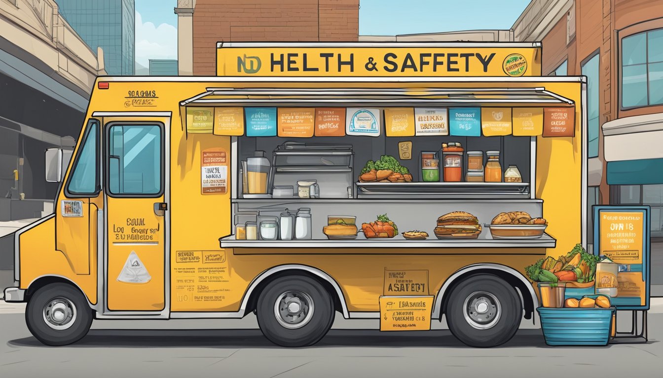 A food truck parked in Fort Worth, Texas, displaying health and safety compliance signs and following local food truck laws