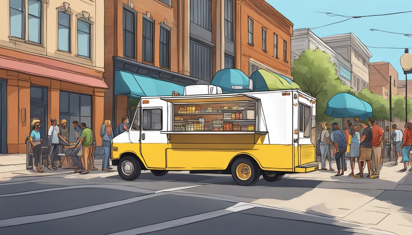 A food truck parked on a city street, surrounded by customers and complying with Fort Worth, Texas food truck laws