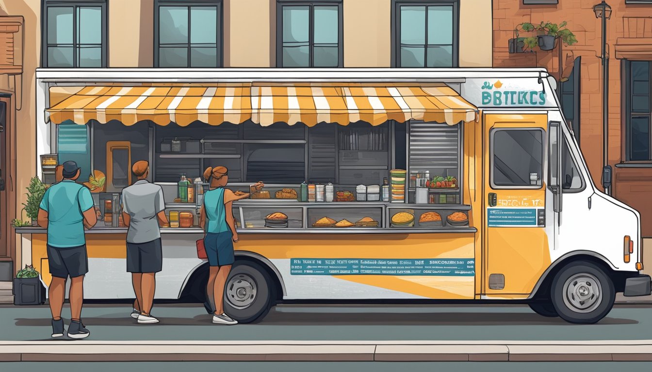 A food truck parked on a bustling street in Fort Worth, Texas, with a line of customers waiting to order. Signs display prices and menu items, while a city official inspects the truck for compliance with local laws