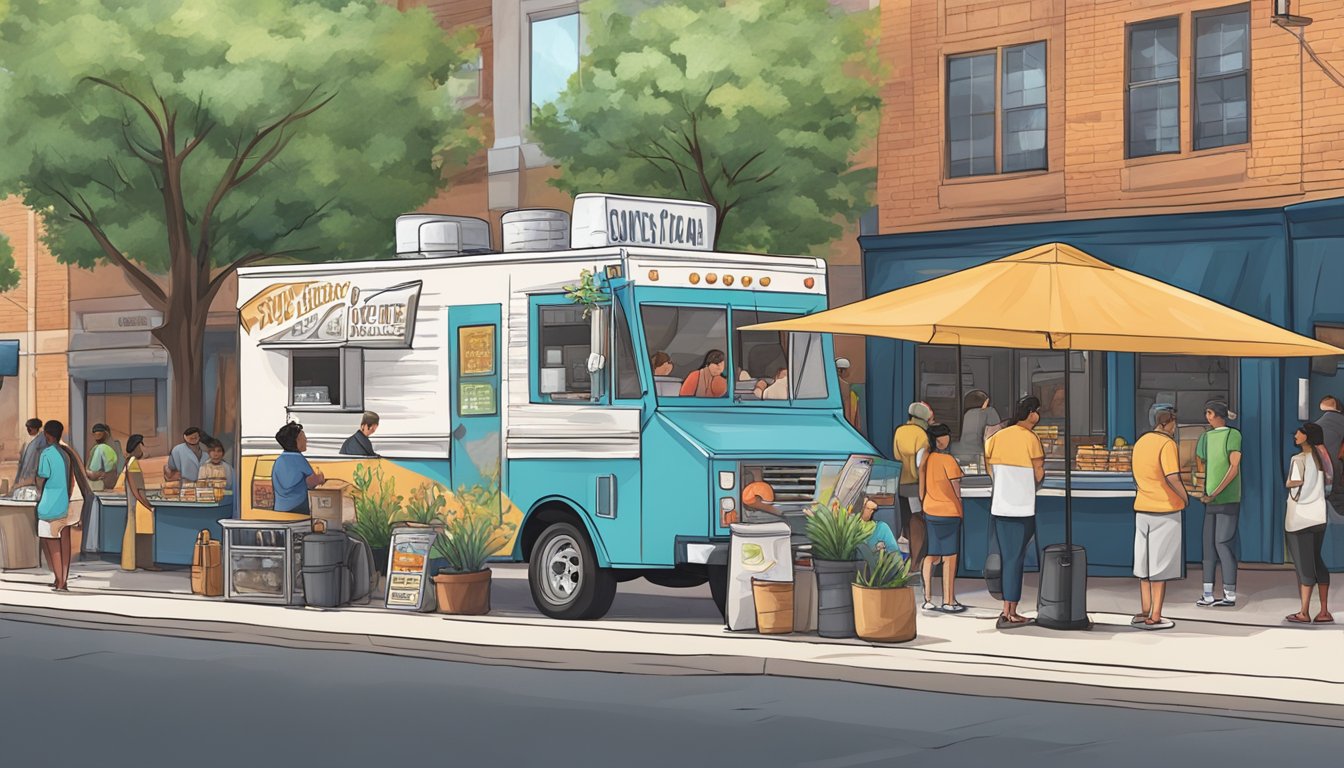 A food truck parked on a bustling street in Fort Worth, Texas, with customers lined up and staff serving food while following local laws