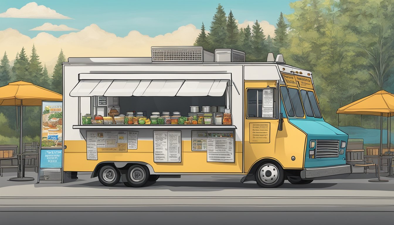 A food truck parked in a designated area, with clear signage displaying the necessary permits and licenses required by Anchorage, Alaska regulations